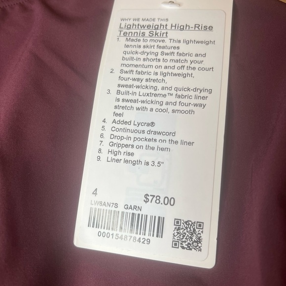 Lululemon Lightweight HR tennis skirt Sz 4 Garnett - Picture 2 of 2
